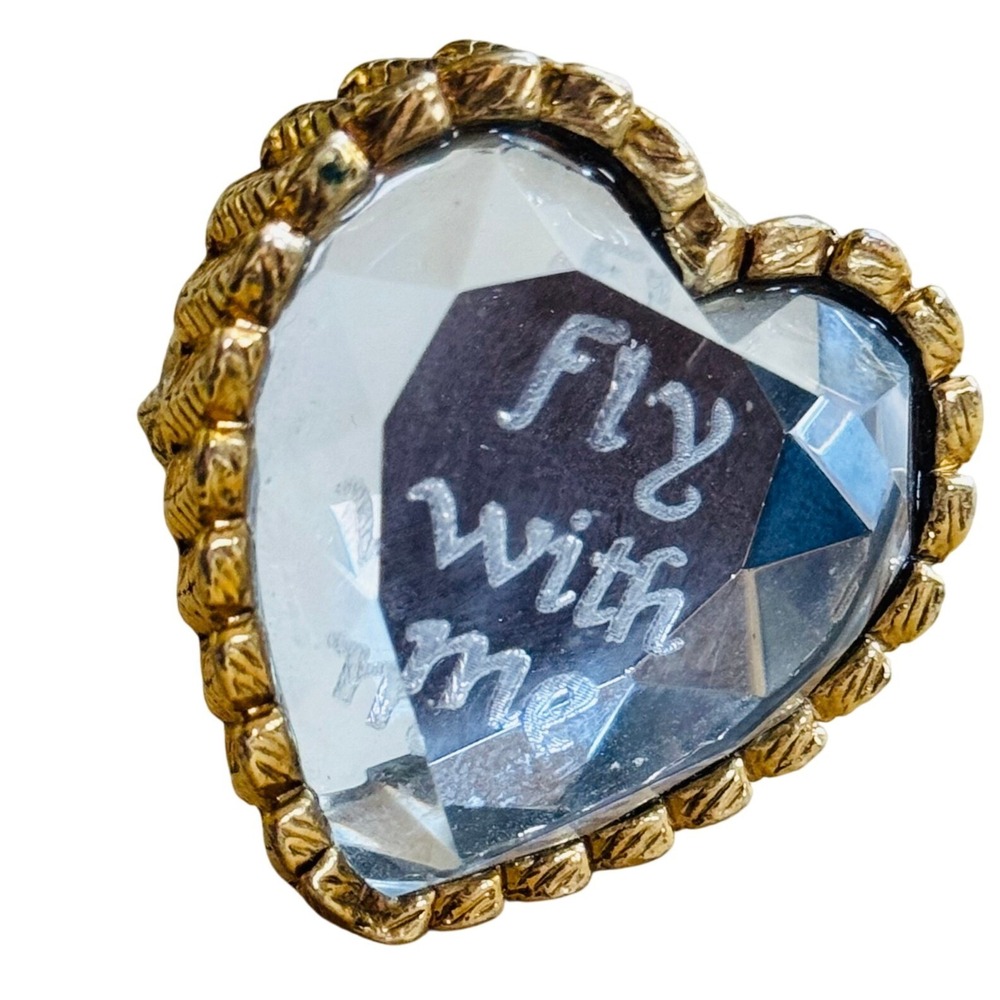 Betsey Johnson Fly With Me Heart‎ Cocktail Ring Glass Mirror Y2K chunky Sz7 Big